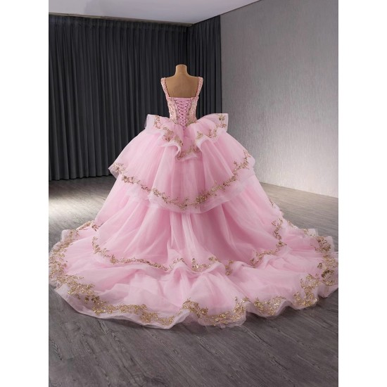 Ball Gown Pink Quinceanera Dress Pearl Sequin Birthday Sweet 16 Gown Sleeveless Vestidos De 15 XV Anos