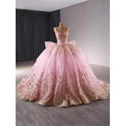 Ball Gown Pink Quinceanera Dress Pearl Sequin Birthday Sweet 16 Gown Sleeveless Vestidos De 15 XV Anos