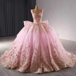 Ball Gown Pink Quinceanera Dress Pearl Sequin Birthday Sweet 16 Gown Sleeveless Vestidos De 15 XV Anos