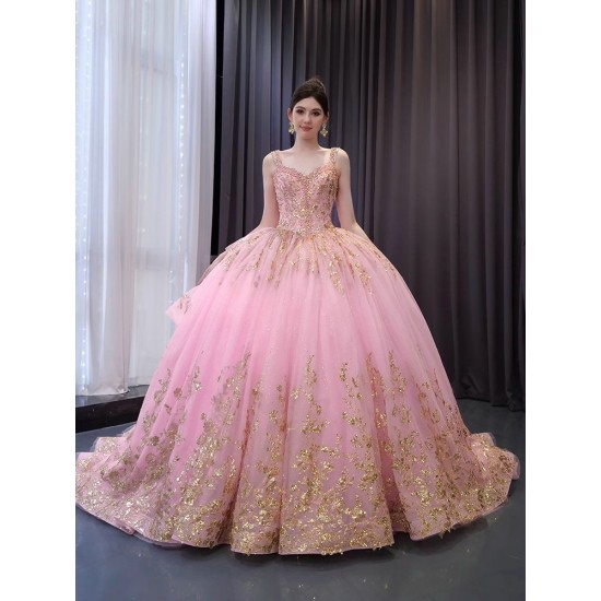 Ball Gown Pink Quinceanera Dress Pearl Sequin Birthday Sweet 16 Gown Sleeveless Vestidos De 15 XV Anos