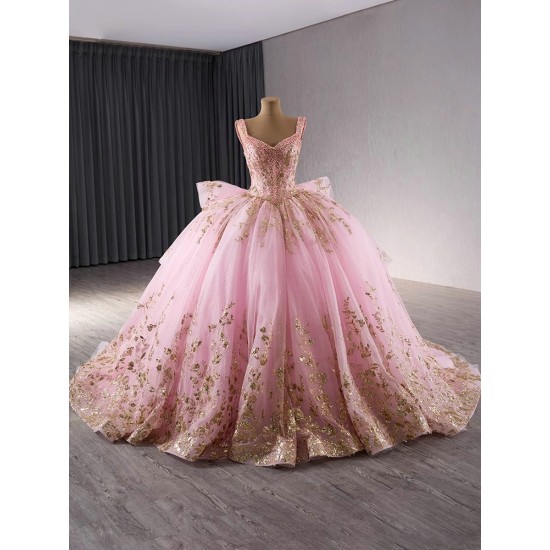 Ball Gown Pink Quinceanera Dress Pearl Sequin Birthday Sweet 16 Gown Sleeveless Vestidos De 15 XV Anos