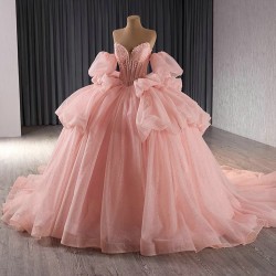 Ball Gown Pink Quinceanera Dresses Luxury Crystals Beaded Sweet 16 Gown Detachable Sleeve Princess Vestido De 15 XV Anos