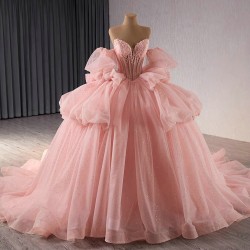 Ball Gown Pink Quinceanera Dresses Luxury Crystals Beaded Sweet 16 Gown Detachable Sleeve Princess Vestido De 15 XV Anos