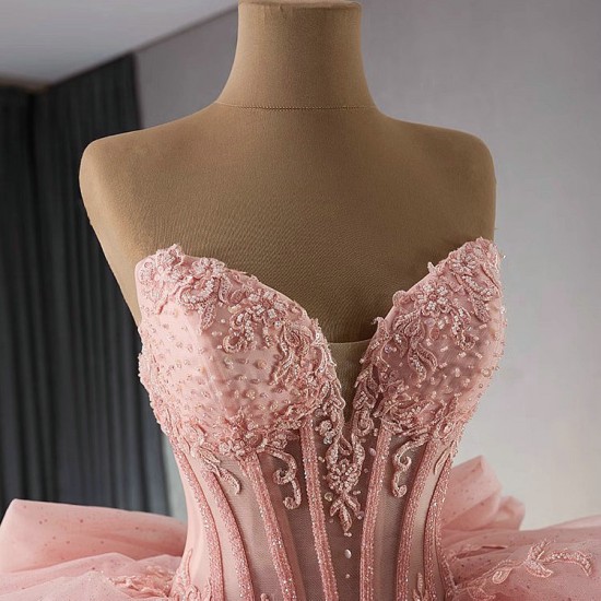 Ball Gown Pink Quinceanera Dresses Luxury Crystals Beaded Sweet 16 Gown Detachable Sleeve Princess Vestido De 15 XV Anos