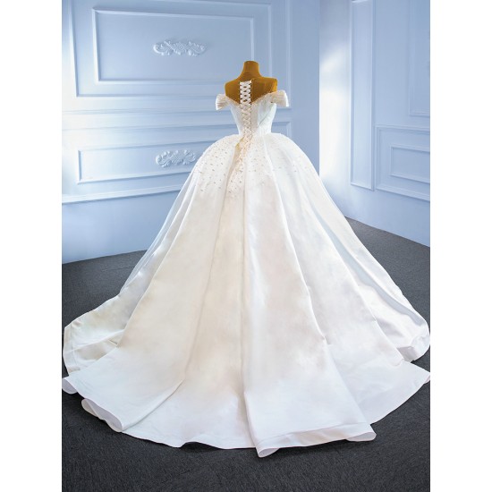 Ball Gown Wedding Dress Off Shoulder White Bride Gown Satin Pearl Vestido de Novia