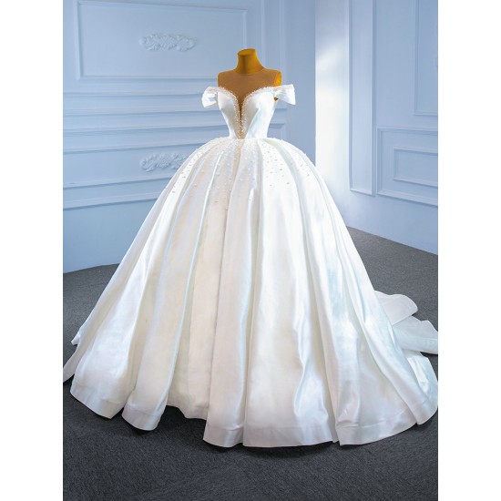 Ball Gown Wedding Dress Off Shoulder White Bride Gown Satin Pearl Vestido de Novia