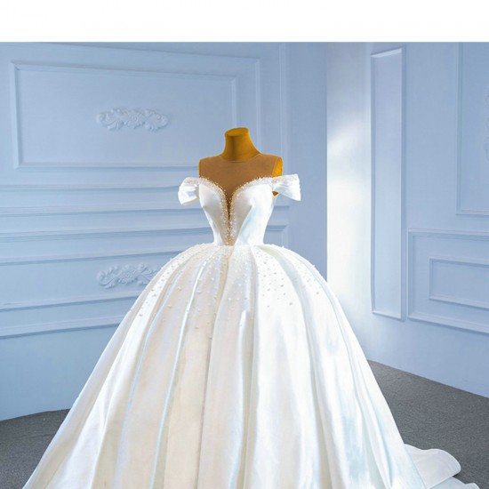 Ball Gown Wedding Dress Off Shoulder White Bride Gown Satin Pearl Vestido de Novia