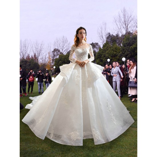 Ball Gown Wedding Dresses Long Sleeve Bridal Dress Scoop Neck Sweep Train Couture Mariage 2024