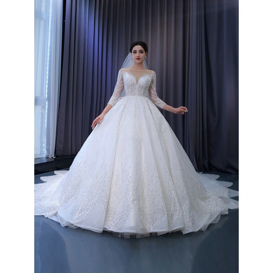 Ball Gown Wedding Dresses Long Sleeve Bridal Gowns Sequin Scoop Neck Vestidos De Noiva