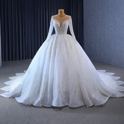 Ball Gown Wedding Dresses Long Sleeve Bridal Gowns Sequin Scoop Neck Vestidos De Noiva