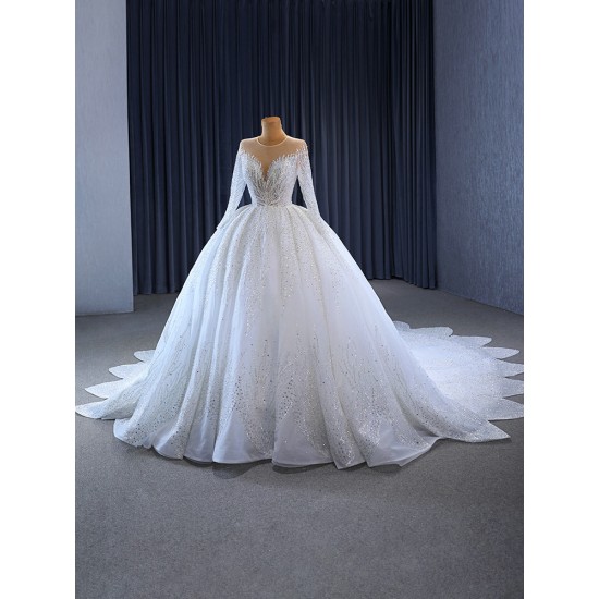 Ball Gown Wedding Dresses Long Sleeve Bridal Gowns Sequin Scoop Neck Vestidos De Noiva