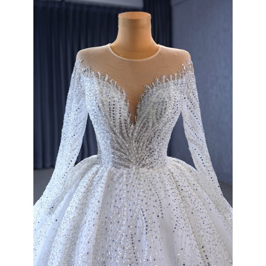 Ball Gown Wedding Dresses Long Sleeve Bridal Gowns Sequin Scoop Neck Vestidos De Noiva