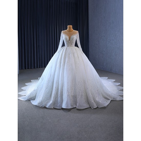 Ball Gown Wedding Dresses Long Sleeve Bridal Gowns Sequin Scoop Neck Vestidos De Noiva