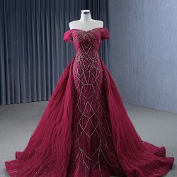 Beading Burgundy Mermaid Prom Dresses For Women Robes De Soiree Elegant Off Shoulder Formal Evening Cocktail Gowns