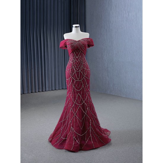 Beading Burgundy Mermaid Prom Dresses For Women Robes De Soiree Elegant Off Shoulder Formal Evening Cocktail Gowns