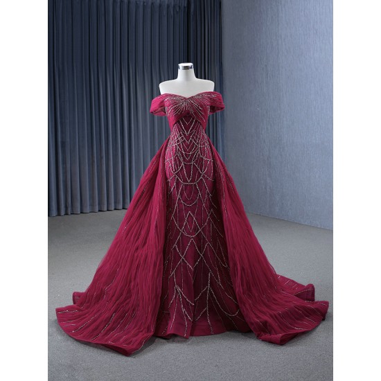 Beading Burgundy Mermaid Prom Dresses For Women Robes De Soiree Elegant Off Shoulder Formal Evening Cocktail Gowns