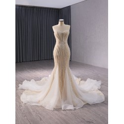 Beading Champagne Mermaid Prom Dresses Long Sleeveless Formal Evening Party Wedding Gowns for Women Vestidos