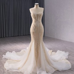 Beading Champagne Mermaid Prom Dresses Long Sleeveless Formal Evening Party Wedding Gowns for Women Vestidos