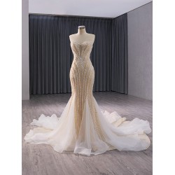 Beading Champagne Mermaid Prom Dresses Long Sleeveless Formal Evening Party Wedding Gowns for Women Vestidos