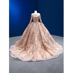 Beading Rose Gold Quinceanera Dress 2024 Long Sleeve Cocktail Dresses Sweep Train Vestidos De Baile Ball Gown