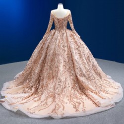 Beading Rose Gold Quinceanera Dress 2024 Long Sleeve Cocktail Dresses Sweep Train Vestidos De Baile Ball Gown