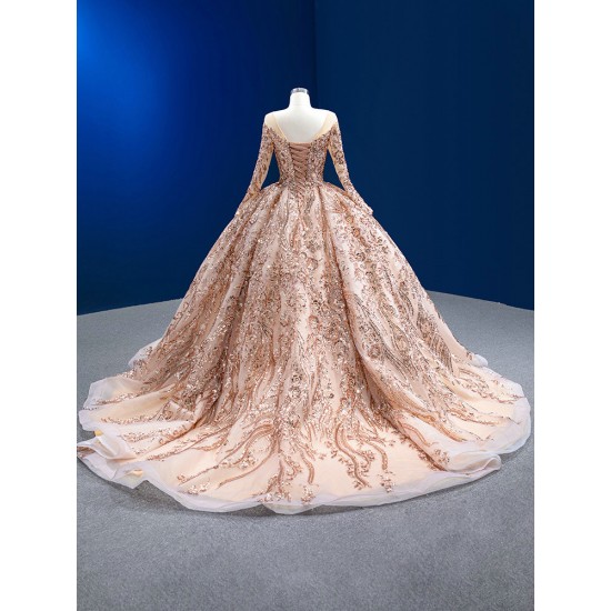 Beading Rose Gold Quinceanera Dress 2024 Long Sleeve Cocktail Dresses Sweep Train Vestidos De Baile Ball Gown