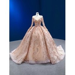 Beading Rose Gold Quinceanera Dress 2024 Long Sleeve Cocktail Dresses Sweep Train Vestidos De Baile Ball Gown