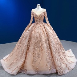 Beading Rose Gold Quinceanera Dress 2024 Long Sleeve Cocktail Dresses Sweep Train Vestidos De Baile Ball Gown