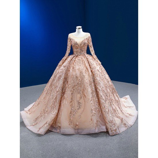 Beading Rose Gold Quinceanera Dress 2024 Long Sleeve Cocktail Dresses Sweep Train Vestidos De Baile Ball Gown