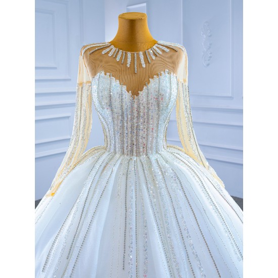 Beading White Wedding Dresses African Dubai Arabic Wedding Gown Long Sleeve Lace Up Bridal Dress