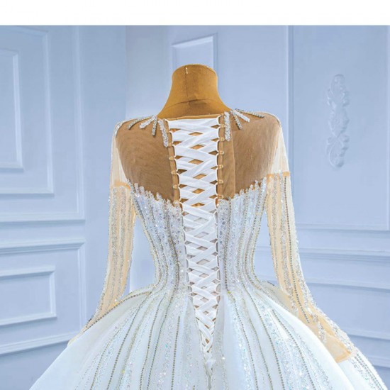 Beading White Wedding Dresses African Dubai Arabic Wedding Gown Long Sleeve Lace Up Bridal Dress