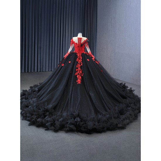 Black Quinceanera Dresses with Red Applique Long Sleeve Sweet 16 Dress Vestidos De 15 Anos 2024 Ball Prom Gowns