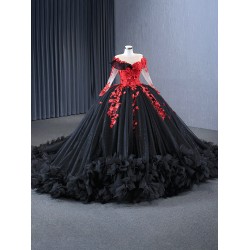 Black Quinceanera Dresses with Red Applique Long Sleeve Sweet 16 Dress Vestidos De 15 Anos 2024 Ball Prom Gowns