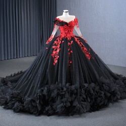 Black Quinceanera Dresses with Red Applique Long Sleeve Sweet 16 Dress Vestidos De 15 Anos 2024 Ball Prom Gowns