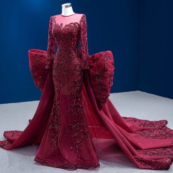 Burgundy Prom Dresses Appliques Lace Long Sleeve Evening Gowns Scoop Neck Women Formal Party Dress