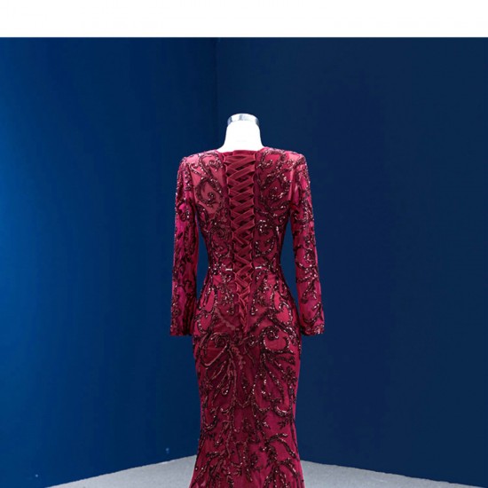 Burgundy Prom Dresses Appliques Lace Long Sleeve Evening Gowns Scoop Neck Women Formal Party Dress