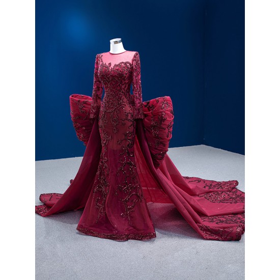 Burgundy Prom Dresses Appliques Lace Long Sleeve Evening Gowns Scoop Neck Women Formal Party Dress