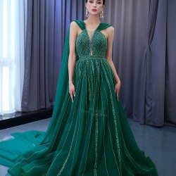 Cape Sleeve Emerald Green Evening Dresses For Women A Line Prom Party Gowns For Special Events Vestidos De Gala