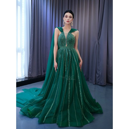 Cape Sleeve Emerald Green Evening Dresses For Women A Line Prom Party Gowns For Special Events Vestidos De Gala