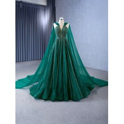 Cape Sleeve Emerald Green Evening Dresses For Women A Line Prom Party Gowns For Special Events Vestidos De Gala