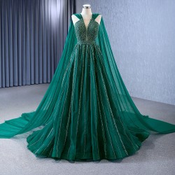 Cape Sleeve Emerald Green Evening Dresses For Women A Line Prom Party Gowns For Special Events Vestidos De Gala