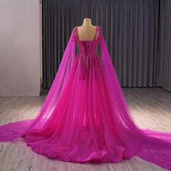 Cape Sleeve Evening Dresses Fuchsia Formal Prom Party Gowns Vestido De Gala Birthday Party Dress