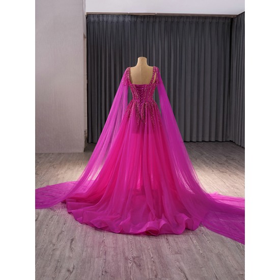 Cape Sleeve Evening Dresses Fuchsia Formal Prom Party Gowns Vestido De Gala Birthday Party Dress