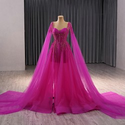 Cape Sleeve Evening Dresses Fuchsia Formal Prom Party Gowns Vestido De Gala Birthday Party Dress