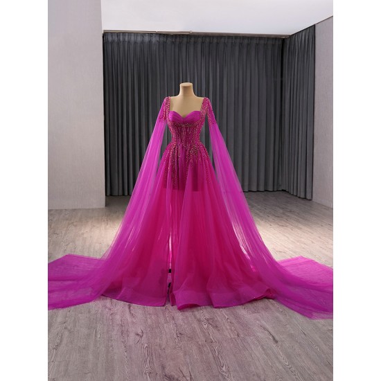 Cape Sleeve Evening Dresses Fuchsia Formal Prom Party Gowns Vestido De Gala Birthday Party Dress