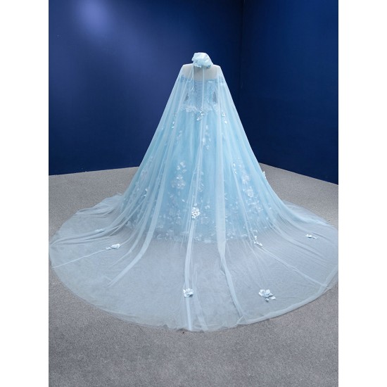 Cape Sleeve Ice Blue Prom Dresses 3D Flowers Formal Party Dress Special Occasion Gowns For Women