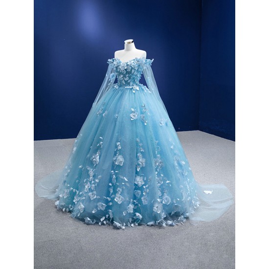 Cape Sleeve Ice Blue Prom Dresses 3D Flowers Formal Party Dress Special Occasion Gowns For Women