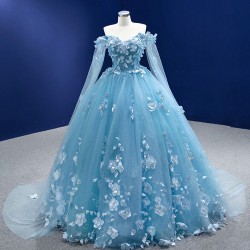 Cape Sleeve Ice Blue Prom Dresses 3D Flowers Formal Party Dress Special Occasion Gowns For Women