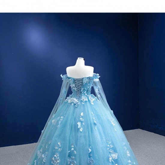 Cape Sleeve Ice Blue Prom Dresses 3D Flowers Formal Party Dress Special Occasion Gowns For Women