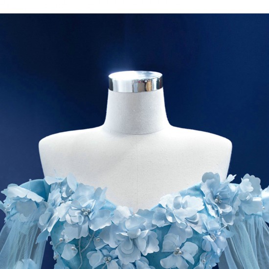 Cape Sleeve Ice Blue Prom Dresses 3D Flowers Formal Party Dress Special Occasion Gowns For Women